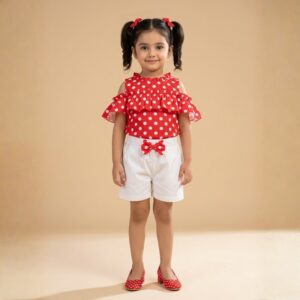 damsel kids red polka dot off shoulder cotton short set – summer outfit