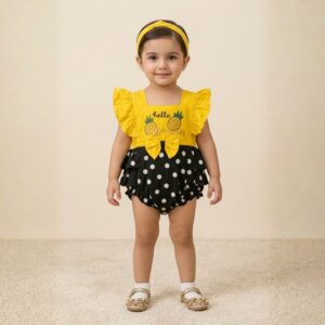 damsel baby girl yellow & black pineapple romper – summer frill sleeve outfit