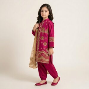 damsel kids red & gold embroidered shalwar kameez with dupatta – festive eastern wear