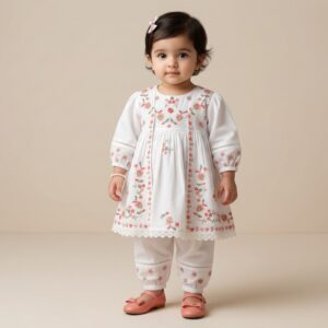 damsel kids white pure lawn coat set – embroidered summer outfit for girls
