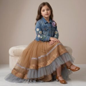 damsel kids soft net frock with embroidered denim jacket – stylish party outfit for girls