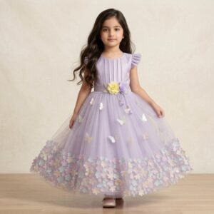 damsel kids baby pink fancy net frock with 3d flowers – party wear dress for girls