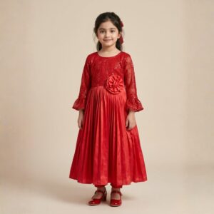 damsel kids crushed silk flared maxi with sequin neck & tights – red party wear