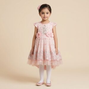 damsel kids paper cotton sequin embroidered frock with tights – light pink party wear