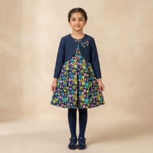 damsel kids floral lawn frock with net jacket & tights – blue 3pc summer outfit