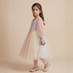 damsel kids multi color net barbie frock with off shoulder style & tights – party dress