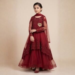 damsel kids maroon unicorn net frock with pants – glitter party dress for girls