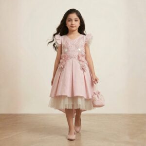 damsel kids peach cotton lawn frill frock with matching pouch – embellished party dress