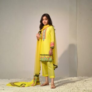 damsel kids pure lawn embroidered shirt with trouser & net dupatta – yellow 3pc suit