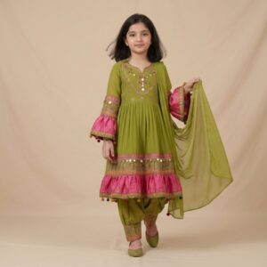 damsel kids olive green chiffon afghani frock with embroidered silk patiala shalwar