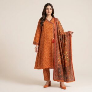 orange floral lawn frock style suit
