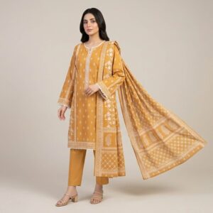 mustard printed lawn 3 piece suit
