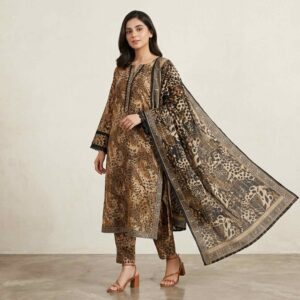 leopard print lawn 3 piece suit