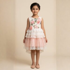 damsel kids peach floral net frock with pearl neck – fancy party dress for girls