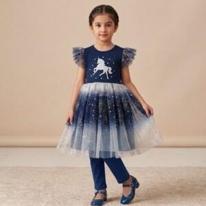 damsel kids maroon unicorn net frock with pants – glitter party dress for girls