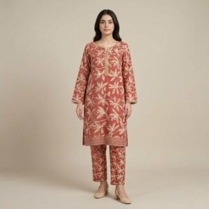 rust floral lawn three piece suit