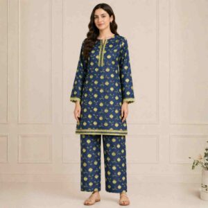blue printed two piece suit