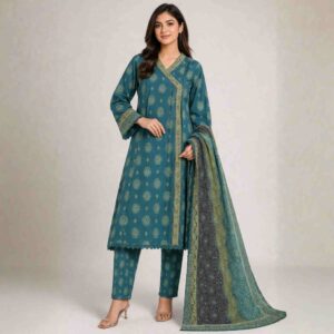 green angrakha lawn three piece suit