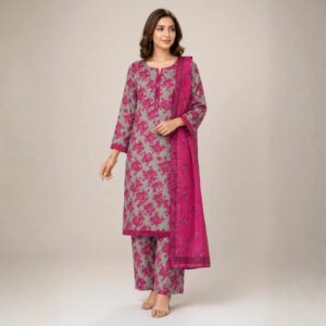 gray floral lawn three piece suit