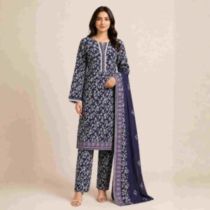 navy floral lawn three piece suit
