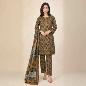 mustard printed lawn three piece
