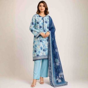 sky blue printed three piece